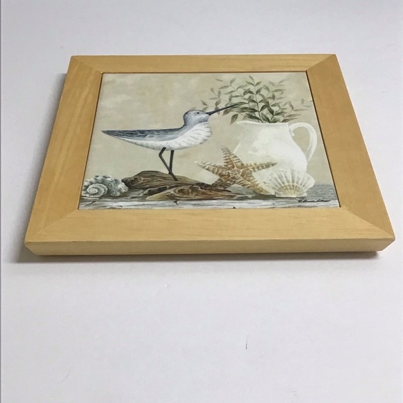 Vintage Diane Arthurs Framed Ceramic Tile Trivet Sandpiper Shells 8x8” Wall Art - Picture 7 of 14